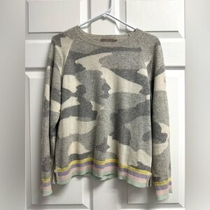 Brodie Fine Cashmere Camouflage Sweater with Pastel Stripe Hem